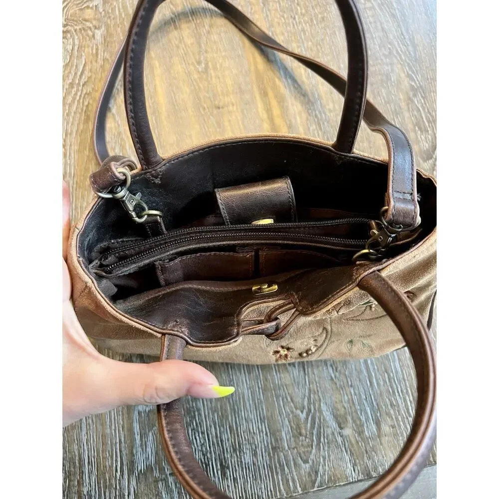 Liz Claiborne Shoulder Bag Medium Brown‎ Crossbody Boho Flower Embroidered VTG